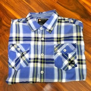 Akademiks Men's Blue White Plaid LS Button Up Shirt Flap Pockets Logo Sz 2XL